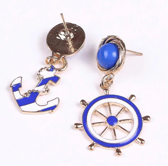 Navy Style Blue and White Anchor Earrings